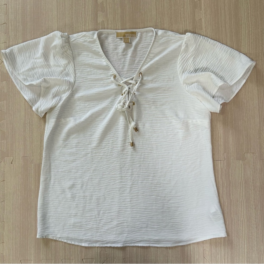 Women’s MK Michael Kors White V Neck Lacy Blouse Top. Sz Small